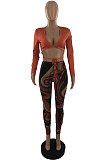 Coffee Sexy Club Long Sleeve Low-Cut  Bandage Crop Tops Printing Skinny Pants Sets S66317-2