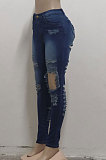 Blue Slim Fitting High Waist Hole Jean Pants SMR2508