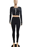 Drak Red Woemn Solid Color Long Sleeve Printing Tight Pants Sets AMN8031-3