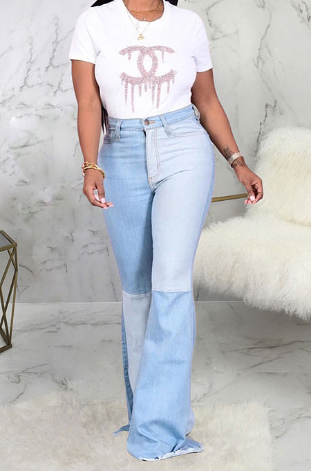 Dark Blue Casual Spliced Elastic Jean Flare Pants SMR2389-2