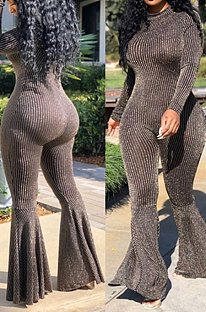 Grey Black Fashion Stripe Bright Side Long Sleeve O Neck Collect  Waist Plain Color Flare Jumpsuits CL6039-2