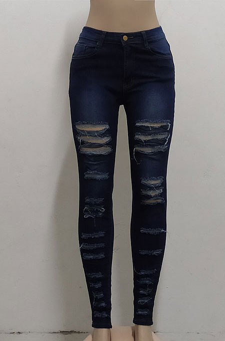Dark Blue Slim Fitting Hole High Waist Jean Pencil Pants SMR2502