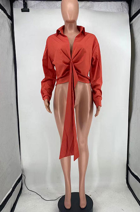 Red Club Ruffle Long Sleeve Deep V Neck Solid Color Casual Shirts SMD82085-2
