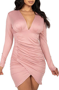 Pink Night Club Sexy Long Sleeve V Neck Collect Waist Slim Fitting Ruffle Hip Dress SMR10155-2
