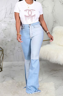 Ligth Blue Casual Spliced Elastic Jean Flare Pants SMR2389-1