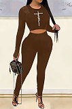 Drak Red Woemn Solid Color Long Sleeve Printing Tight Pants Sets AMN8031-3