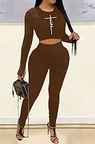 Khaki Woemn Solid Color Long Sleeve Printing Tight Pants Sets AMN8031-2