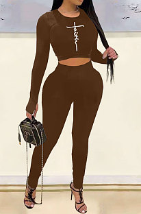 Khaki Woemn Solid Color Long Sleeve Printing Tight Pants Sets AMN8031-2