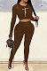 Khaki Woemn Solid Color Long Sleeve Printing Tight Pants Sets AMN8031-2