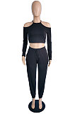 Pink Purple Sexy Pure Color Off Shoulder Long Sleeve Crop Tops Trousers Casual Sets MK063-2