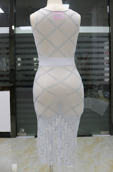 Black Women Mesh Spaghetti Hot Drilling Chicken Feather Perspectivity Sexy V Collar Sleeveless Mid Dress CCY8105-2