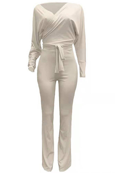 White Fashion Pure Color Ribber Loose Bowknot Casual Pants Sets AMN8029-1