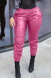 Pink New Pure Color Elasticband Leather Pants CL6100-3