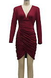 Red Night Club Sexy Long Sleeve V Neck Collect Waist Slim Fitting Ruffle Hip Dress SMR10155-1