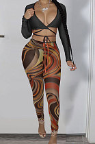 Black Sexy Club Long Sleeve Low-Cut  Bandage Crop Tops Printing Skinny Pants Sets S66317-4