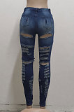 Blue Slim Fitting High Waist Hole Jean Pants SMR2508