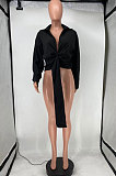 Apricot Club Ruffle Long Sleeve Deep V Neck Solid Color Casual Shirts SMD82085-1