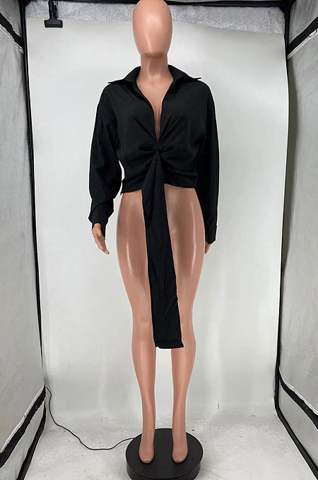 Apricot Club Ruffle Long Sleeve Deep V Neck Solid Color Casual Shirts SMD82085-1