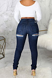 Dark Blue Slim Fitting Hole High Waist Jean Pencil Pants SMR2502