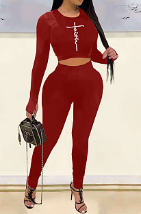 Drak Red Woemn Solid Color Long Sleeve Printing Tight Pants Sets AMN8031-3