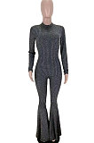 Red Fashion Stripe Bright Side Long Sleeve O Neck Collect  Waist Plain Color Flare Jumpsuits CL6039-4