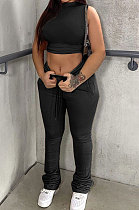 Black Cottton Blend Sleeveless Crop Tips Ruffle Pants Solid Color Sets CL6107-1