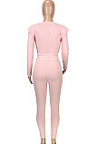 Pink New Women's Ribber Elastic Long Sleeve Round Neck Tops Pencil Pants Plain Color Sets SM9211-1