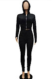 Blue Women Fashion Pure Color Ribber Ruffle Zipper Hooded Casual Pants Sets AMN8032-3