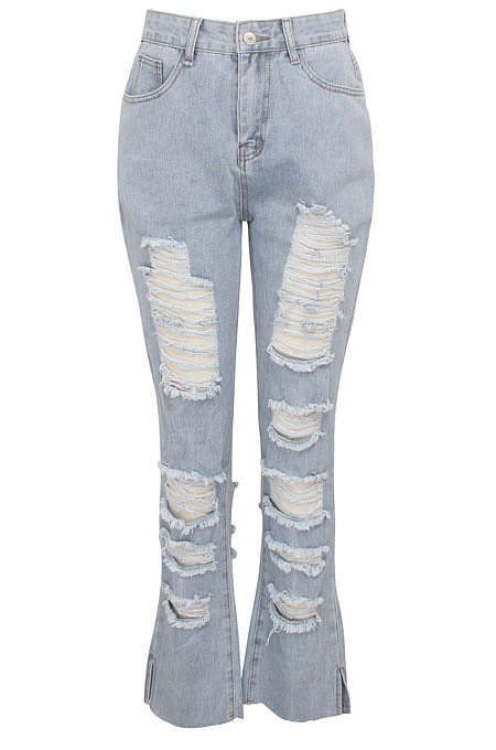SUPER WHOLESALE|Light Blue Personality Hole Autumn Jean Straight Leg Pants SMR2062-2