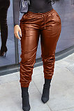 White New Pure Color Elasticband Leather Pants CL6100-1