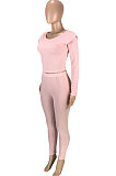 White New Women's Ribber Elastic Long Sleeve Round Neck Tops Pencil Pants Plain Color Sets SM9211-2
