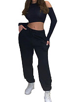 Black Sexy Pure Color Off Shoulder Long Sleeve Crop Tops Trousers Casual Sets MK063-1
