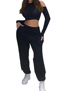 Black Sexy Pure Color Off Shoulder Long Sleeve Crop Tops Trousers Casual Sets MK063-1