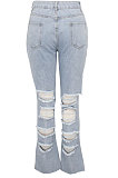 SUPER WHOLESALE|Light Blue Personality Hole Autumn Jean Straight Leg Pants SMR2062-2