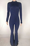 Red Fashion Stripe Bright Side Long Sleeve O Neck Collect  Waist Plain Color Flare Jumpsuits CL6039-4