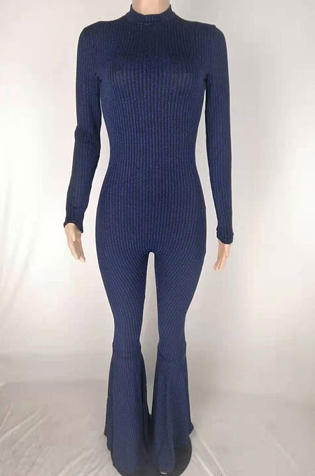 Grey Black Fashion Stripe Bright Side Long Sleeve O Neck Collect  Waist Plain Color Flare Jumpsuits CL6039-2