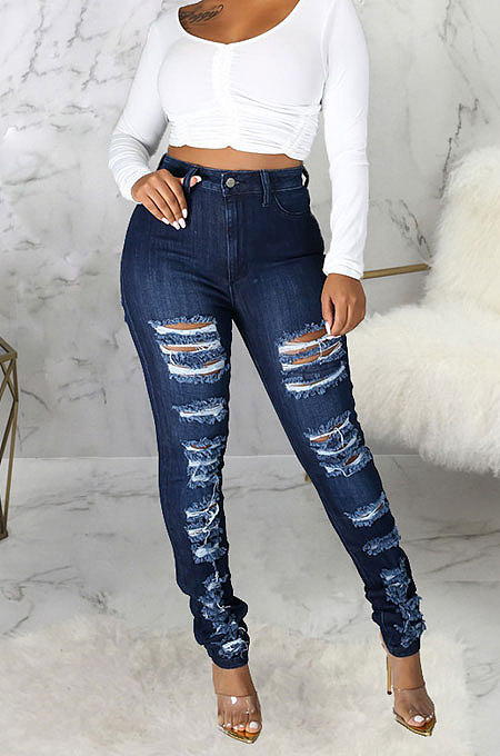 Dark Blue Slim Fitting Hole High Waist Jean Pencil Pants SMR2502