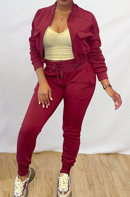 Black Simple Women's Long Sleeve Zip Front Coat Trousers Solid Color Sports Sets MTY6609-1