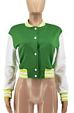Rose Red Women Autumn Winter Fashion Snap Fastener Double Ribber Baseball Uniform Bodycon Jacket AA5273-12