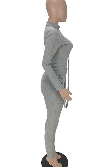 Gray Women Pure Color Long Sleeve Irregular Bodycon Pants ANK06030-1