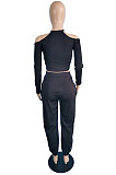 Pink Purple Sexy Pure Color Off Shoulder Long Sleeve Crop Tops Trousers Casual Sets MK063-2