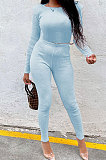 Light Blue New Women's Ribber Elastic Long Sleeve Round Neck Tops Pencil Pants Plain Color Sets SM9211-3