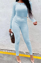 Light Blue New Women's Ribber Elastic Long Sleeve Round Neck Tops Pencil Pants Plain Color Sets SM9211-3