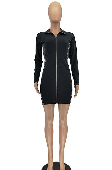 Black Women Long Sleeve Zipper Trendy Paisley Printing Mid Waist Mini Dress AA5282-1
