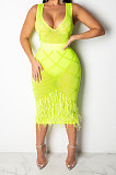 Neon Green Women Mesh Spaghetti Hot Drilling Chicken Feather Perspectivity Sexy V Collar Sleeveless Mid Dress CCY8105-3