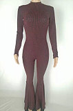 Golden Fashion Stripe Bright Side Long Sleeve O Neck Collect  Waist Plain Color Flare Jumpsuits CL6039-1