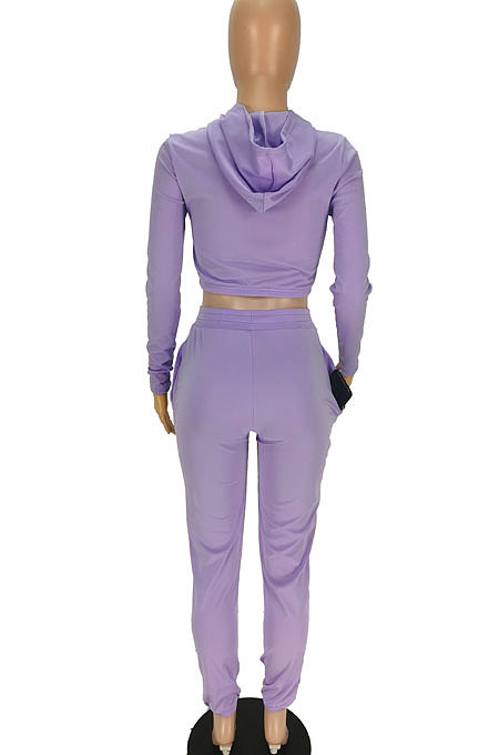 Purple Women Pure Color Long Sleeve Hoodede Tops Bodycon Pants Sets ANK06029-1