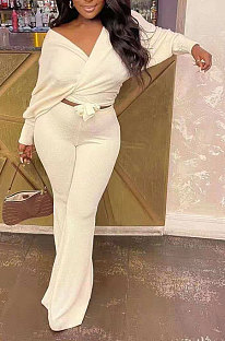 White Fashion Pure Color Ribber Loose Bowknot Casual Pants Sets AMN8029-1