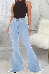 Light Blue Fashion High Waist Elastic Jean Flare Pants SMR2599-3