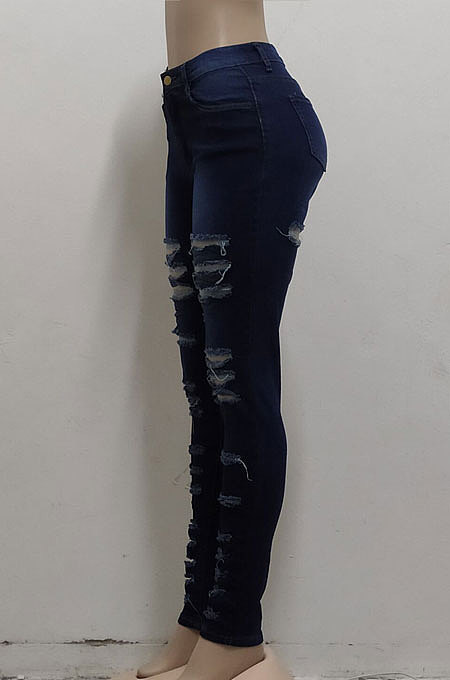 Dark Blue Slim Fitting Hole High Waist Jean Pencil Pants SMR2502